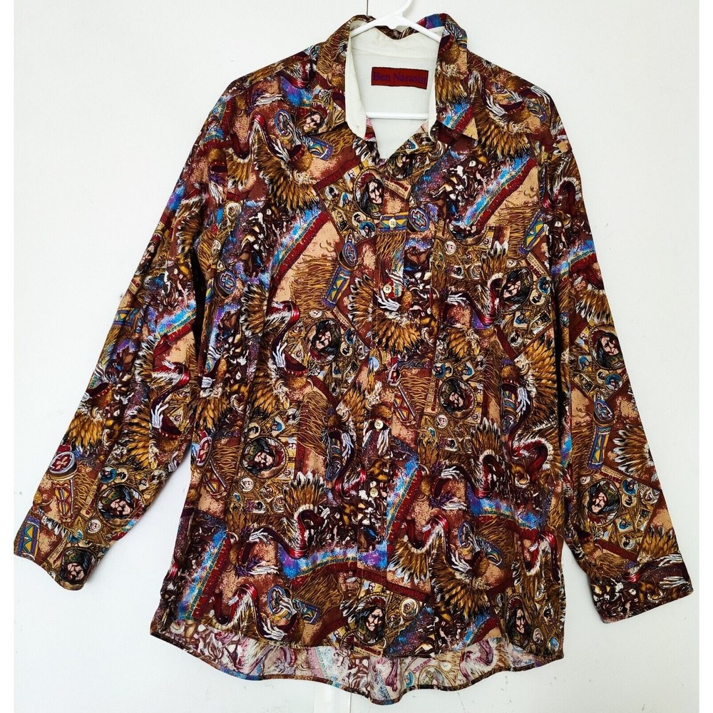 Vintage Ben Narasin Western Indian Wild West Cowboy Button Down Shirt SZ XL